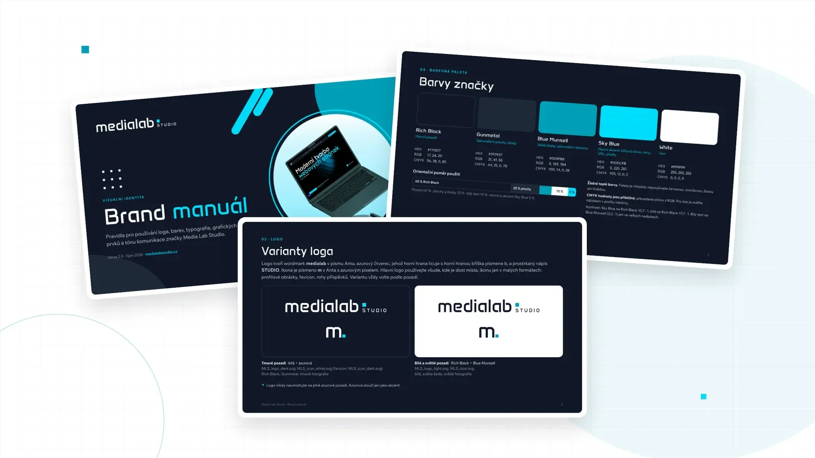 Tři stránky brand manuálu Media Lab Studio: obálka, barvy značky a varianty loga
