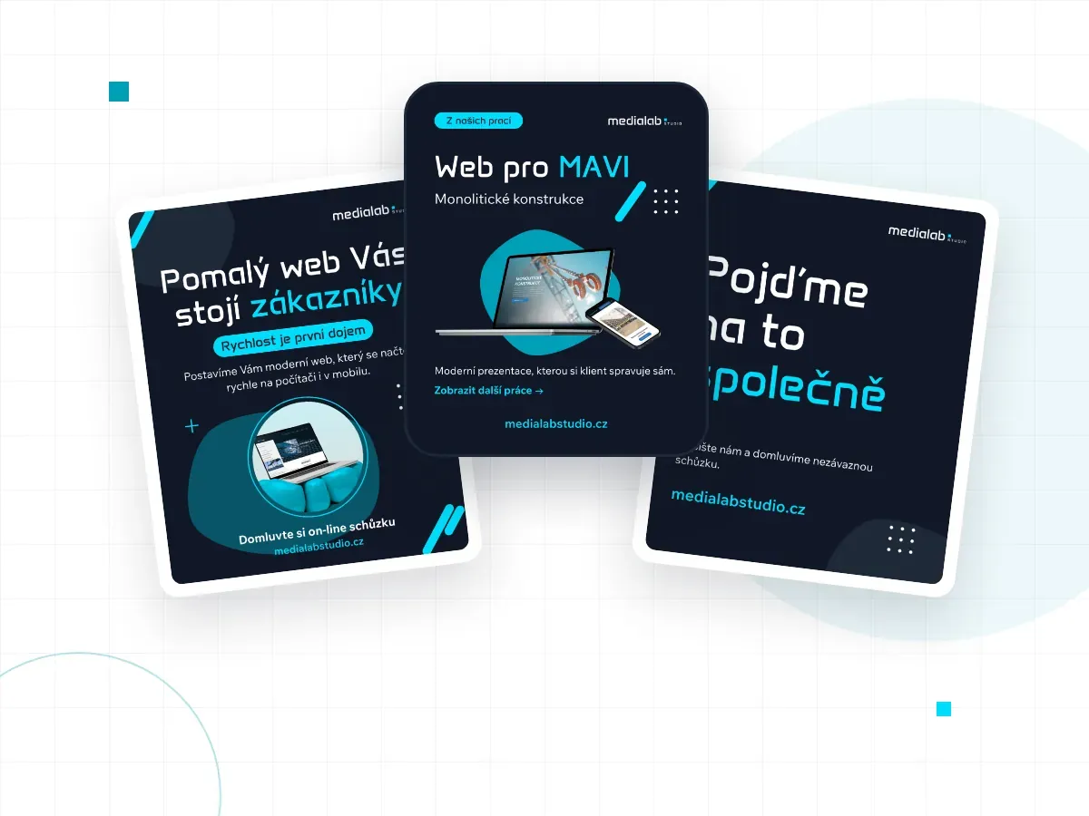 Tři příspěvky Media Lab Studio pro sociální sítě, uprostřed příspěvek Web pro MAVI